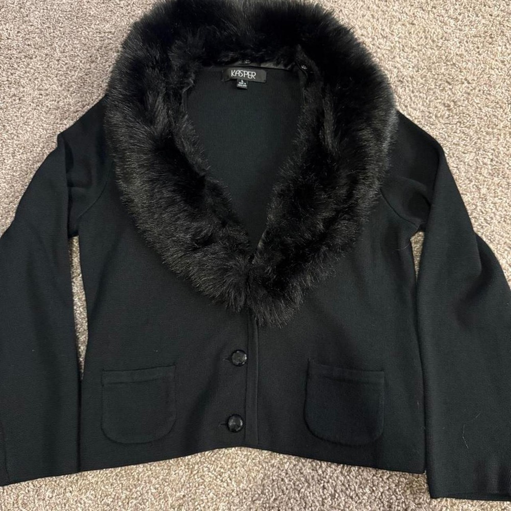 Vintage Y2K Kasper Black Jacket Faux Fur Collar Button Front L